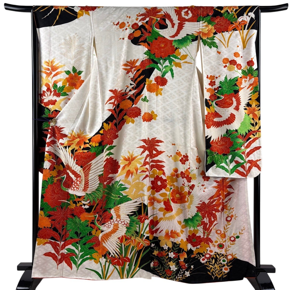 美品】 振袖 身丈163.5cm 裄丈66.5cm M 袷 鶴 牡丹 金糸 金彩 クリーム