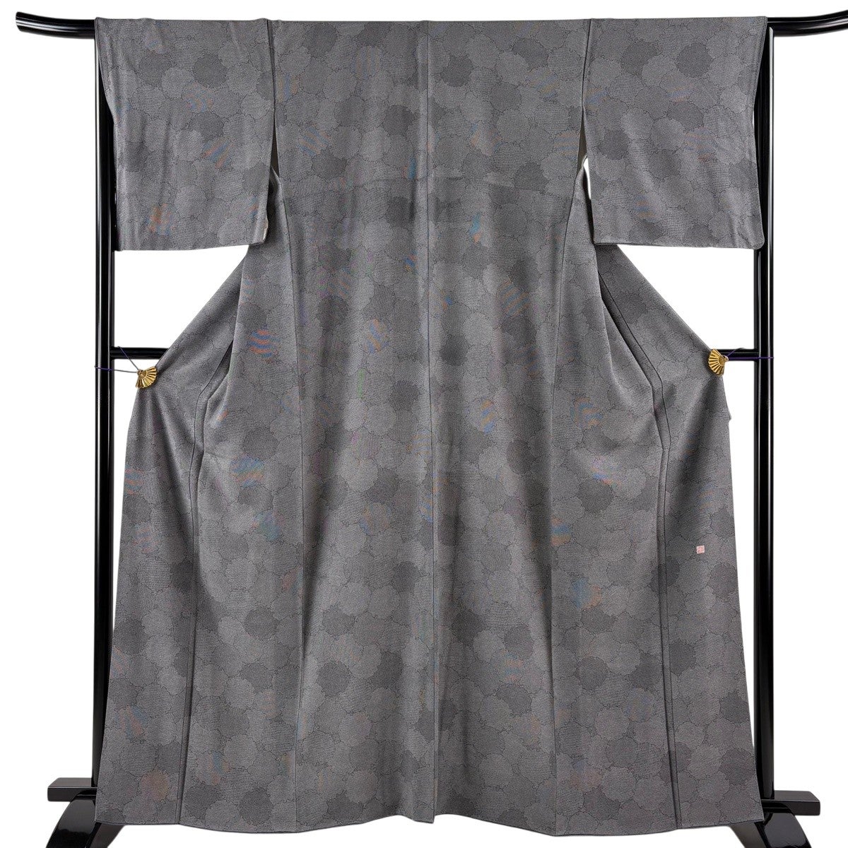 小紋 身丈159cm 裄丈66.5cm M 袷 草花 蝶 銀彩 黒 正絹 優品｜中古