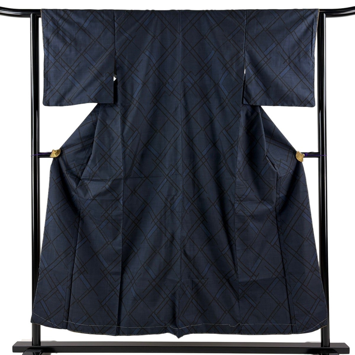 単衣　着物　紬　小紋　フルセット　正絹　Sサイズ　紺　O8 紬 身丈152cm 裄丈62.5cm S 袷 幾何学模様 紺色 正絹 秀品｜中古・古着