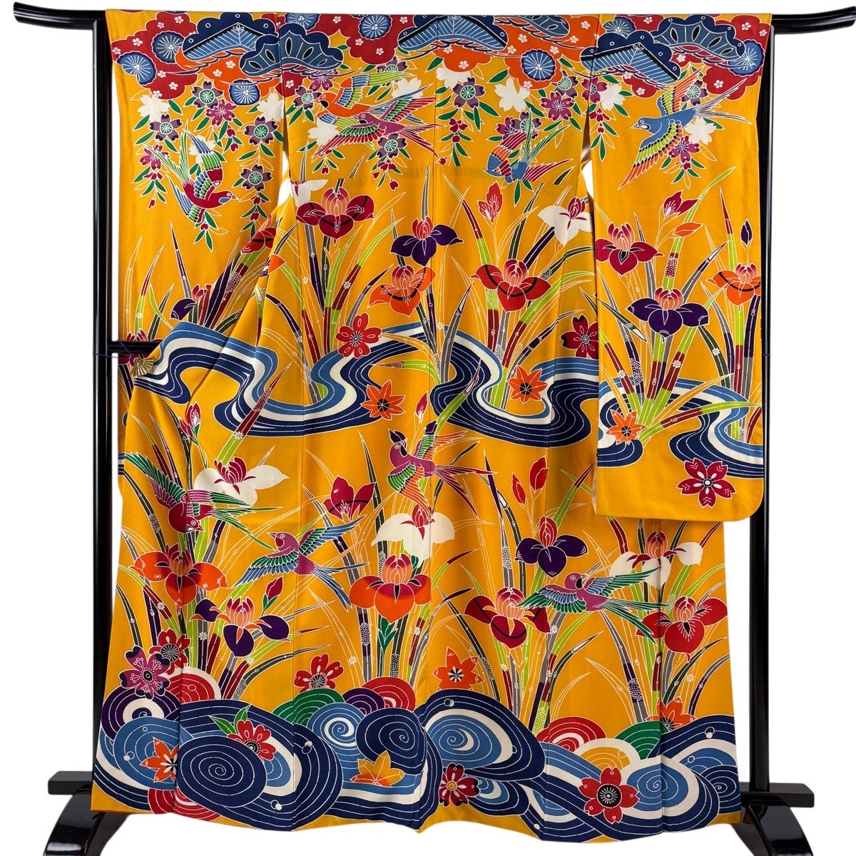 50%OFF 振袖 身丈164cm 裄丈63.5cm S 袷 草花 鳥 山吹色 正絹 秀品 K50