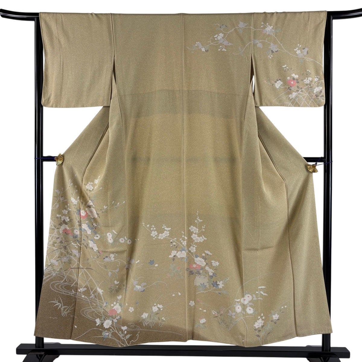 訪問着 身丈154.5cm 裄丈65.5cm M 袷 枝花 流水 染め分け 薄茶色 正絹