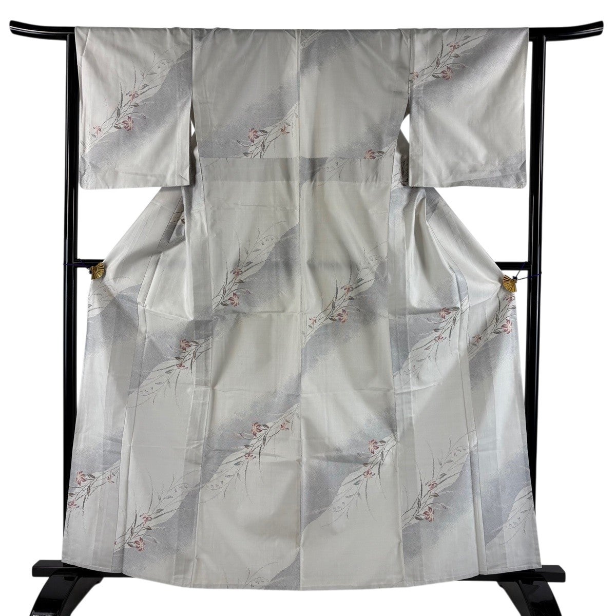 美品】 紬 身丈163cm 裄丈63cm S 単衣 変わり市松 灰緑 正絹 秀品