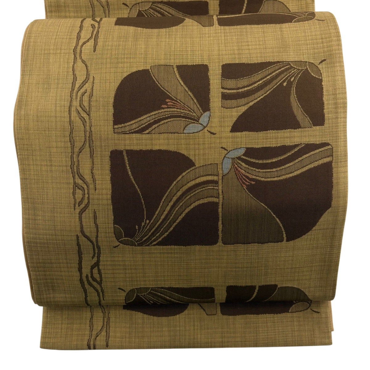 50%OFF 【美品】 袋帯 秀品 縞 幾何学模様 金糸 茶色 六通 正絹 K50