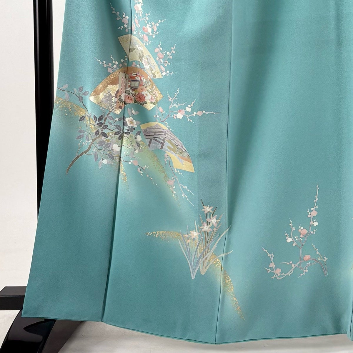 付下げ 身丈164cm 裄丈68cm L 袷 扇面 草花 金彩 ぼかし 薄青緑 正絹