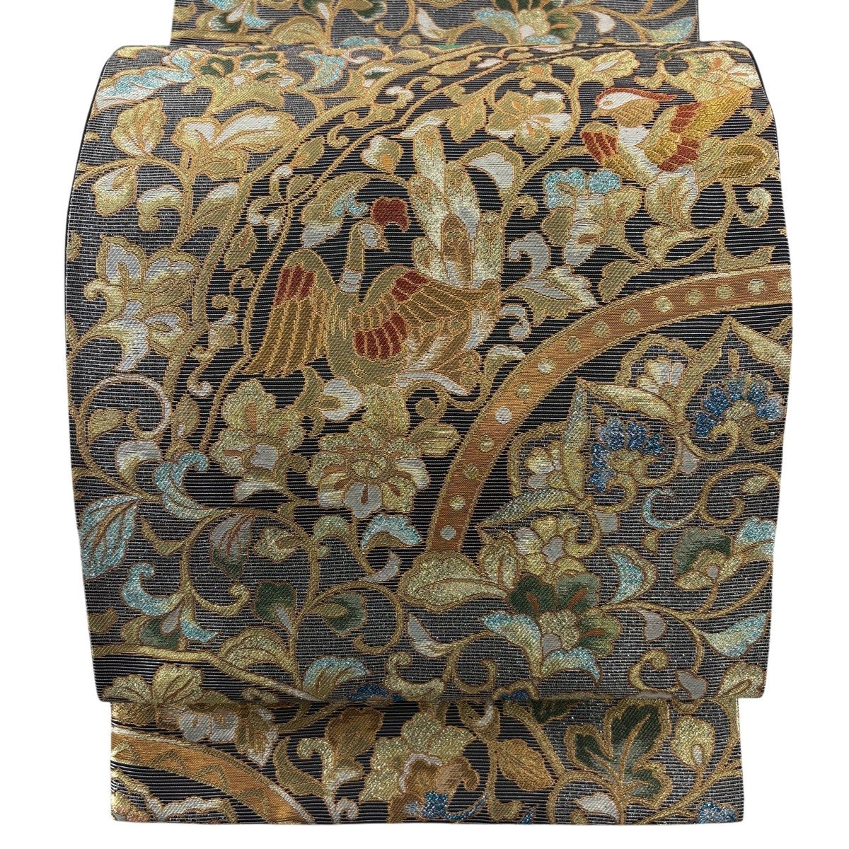 【未使用品】袋帯 螺鈿金彩　鳳凰花唐草　六通　光沢あり 袋帯 名品 鳳凰 花唐草 金糸 唐織 赤紫 六通 正絹｜中古・古着