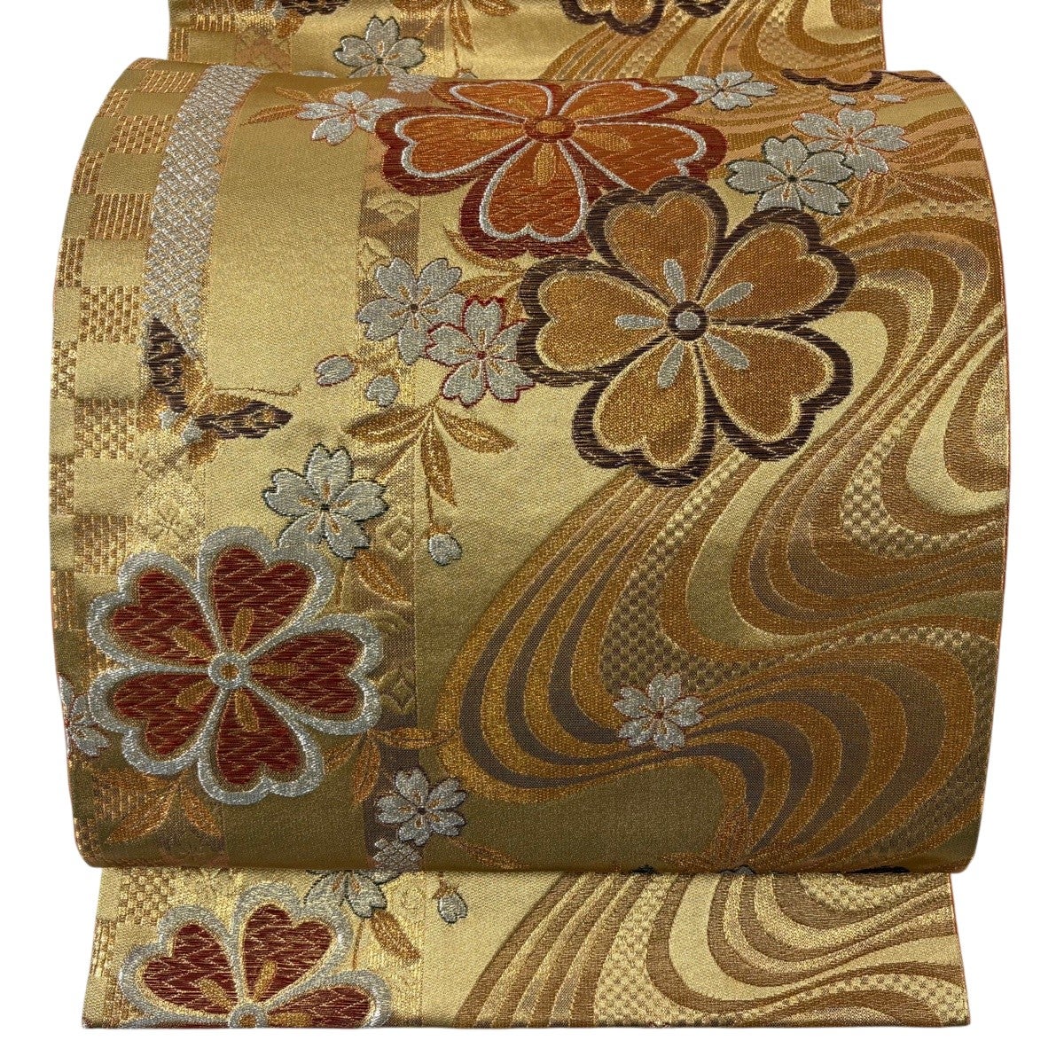 袋帯 秀品 鳥 枝花 金銀糸 刺繍 金色 お太鼓柄 正絹｜中古・古着