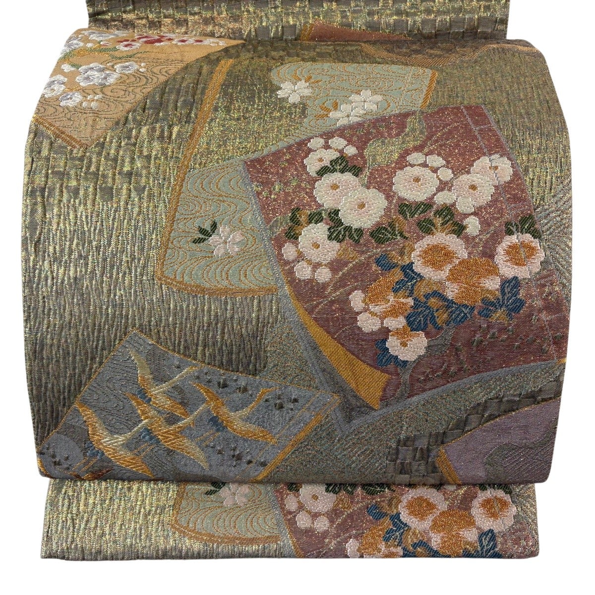 美品】 袋帯 名品 華文 花唐草 金糸 箔 茶緑色 六通 正絹｜中古・古着 