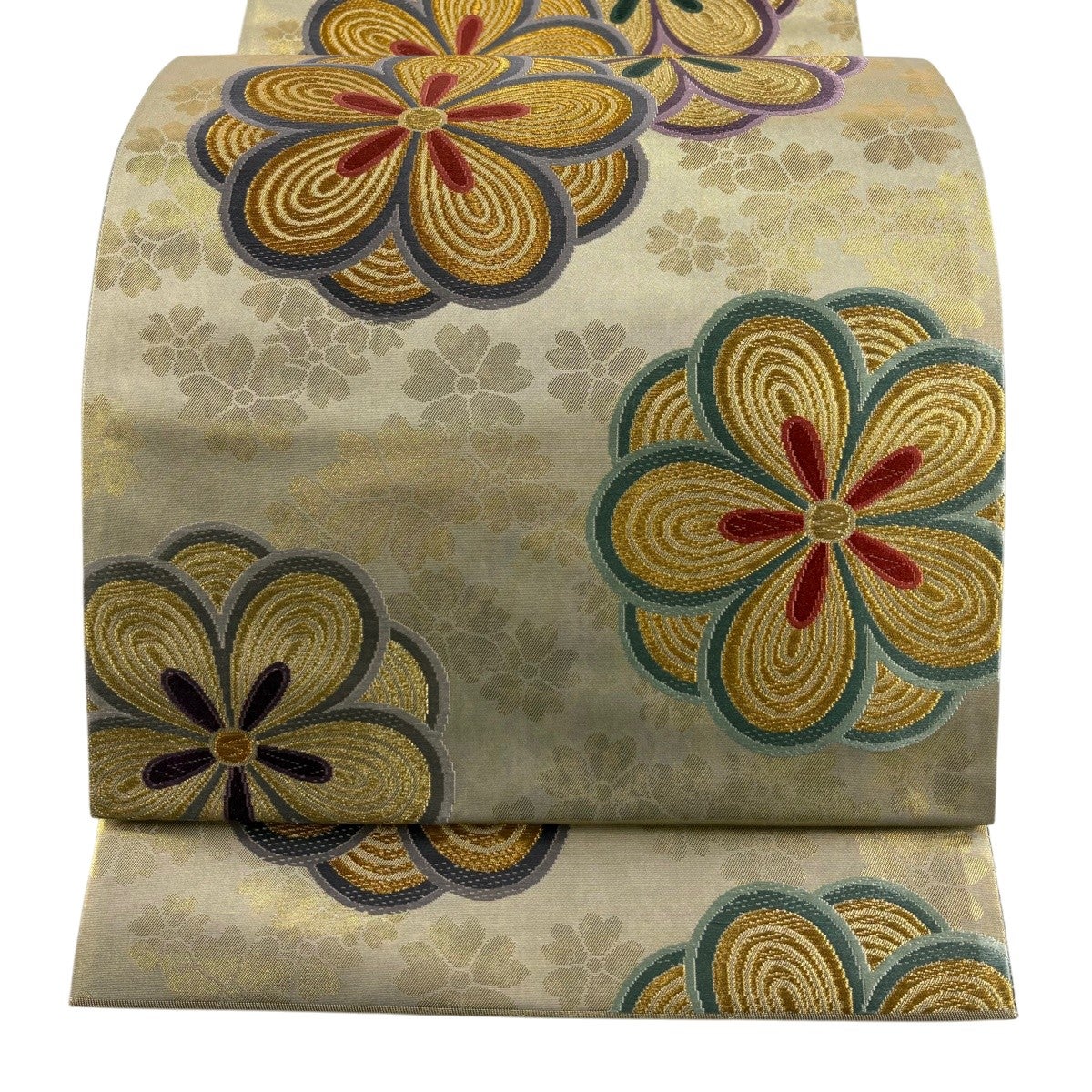 美品】 袋帯 秀品 関西仕立て 草花 鳥 金糸 箔 金色 六通 正絹｜中古