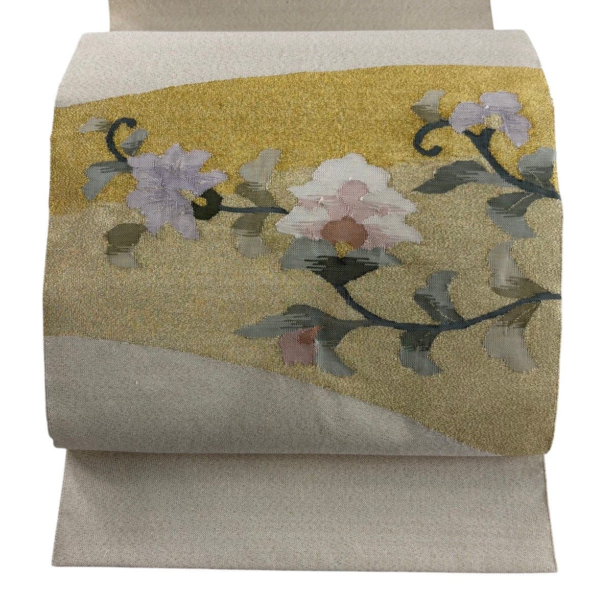 美品】 名古屋帯 秀品 松竹梅 刺繍 金糸 灰紫 正絹｜中古・古着