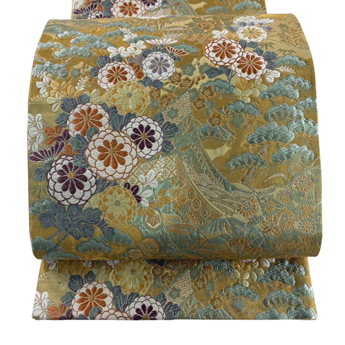 美品】 袋帯 秀品 菊 幾何学 金糸 箔 黄土色 六通 正絹｜中古・古着