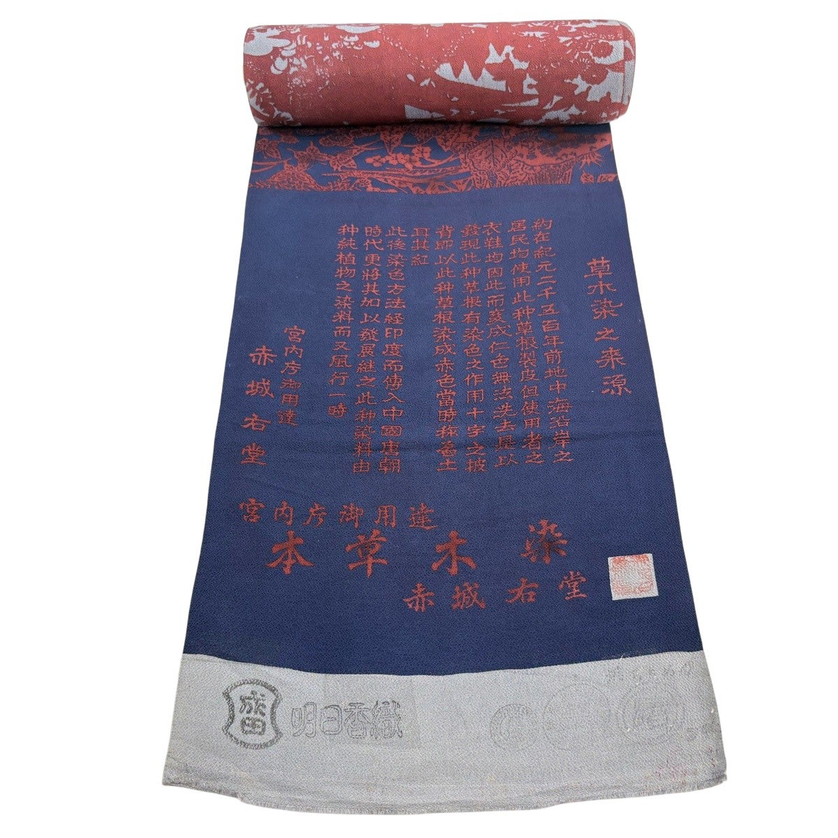 反物 秀品 小紋 落款 草花 建物 縮緬 草木染 紺色 正絹｜中古・古着