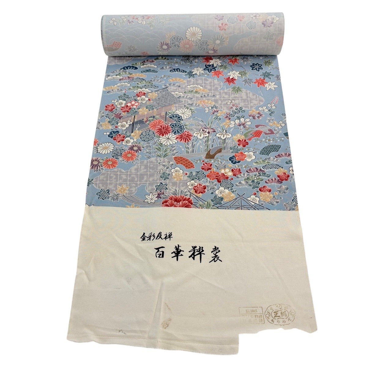 しょうざん 反物 毛絹混 12m小花 波縞柄 反物 秀品 小紋 草花 雲文 水色 正絹｜中古・古着・リサイクル着物通販