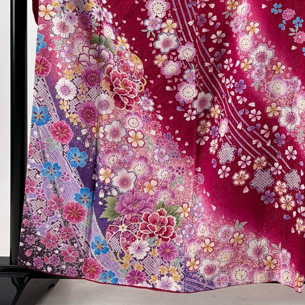 美品】 振袖 身丈160cm 裄丈65cm M 袷 袋帯フルセット 手鞠 牡丹 銀
