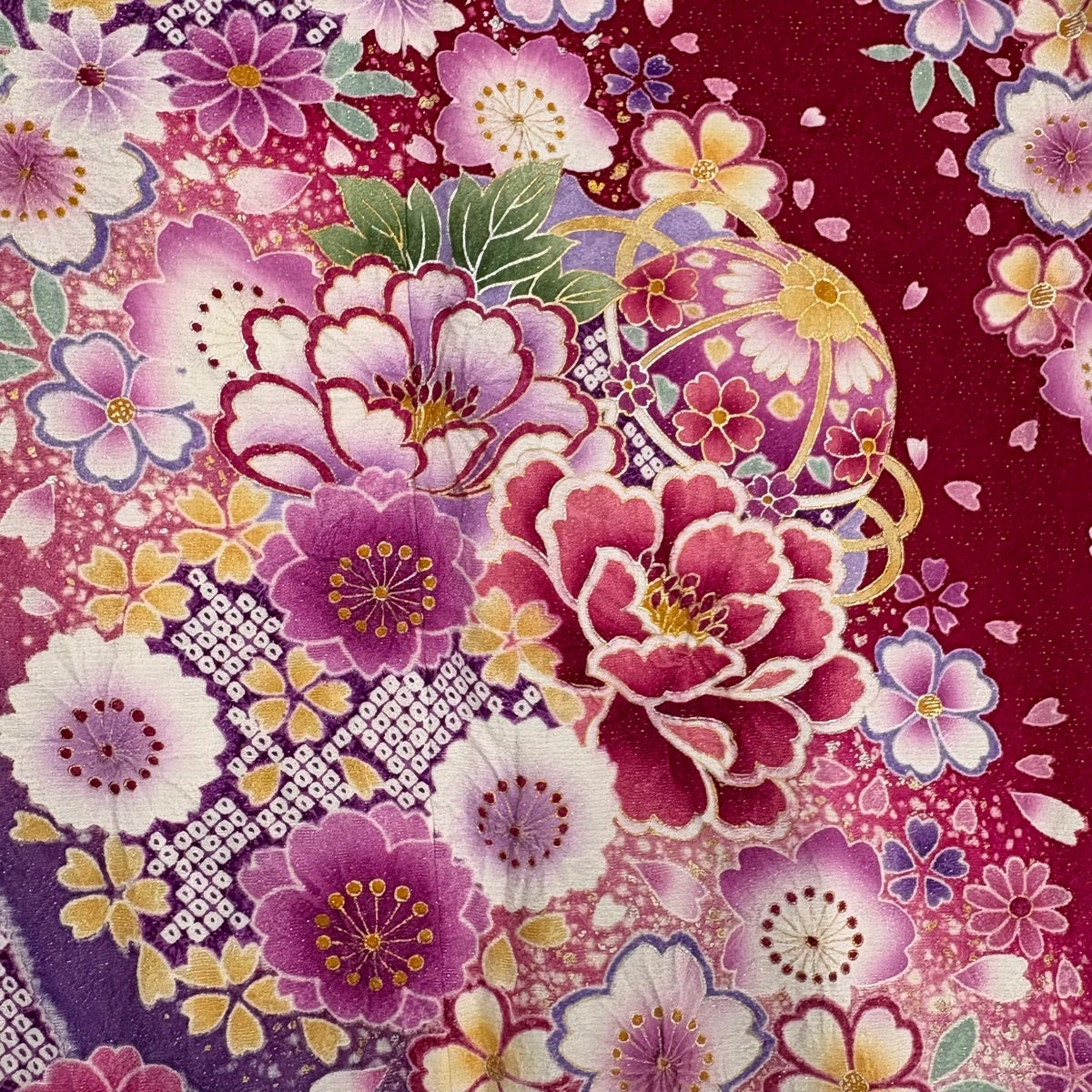 美品】 振袖 身丈160cm 裄丈65cm M 袷 袋帯フルセット 手鞠 牡丹 銀