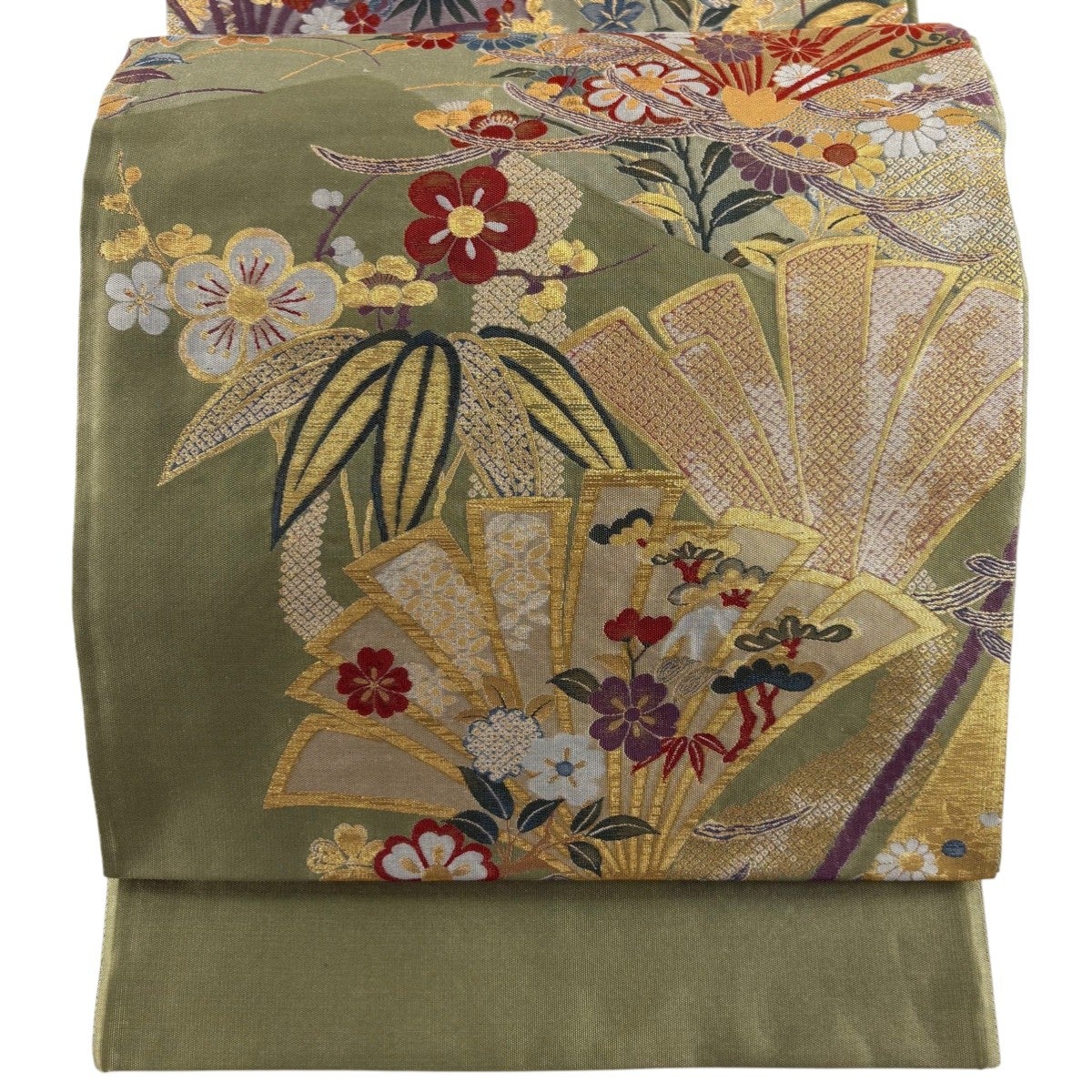 美品】 袋帯 逸品 となみ織物 落款あり 麹塵染 笹 竹 茶緑色 六通 正絹 