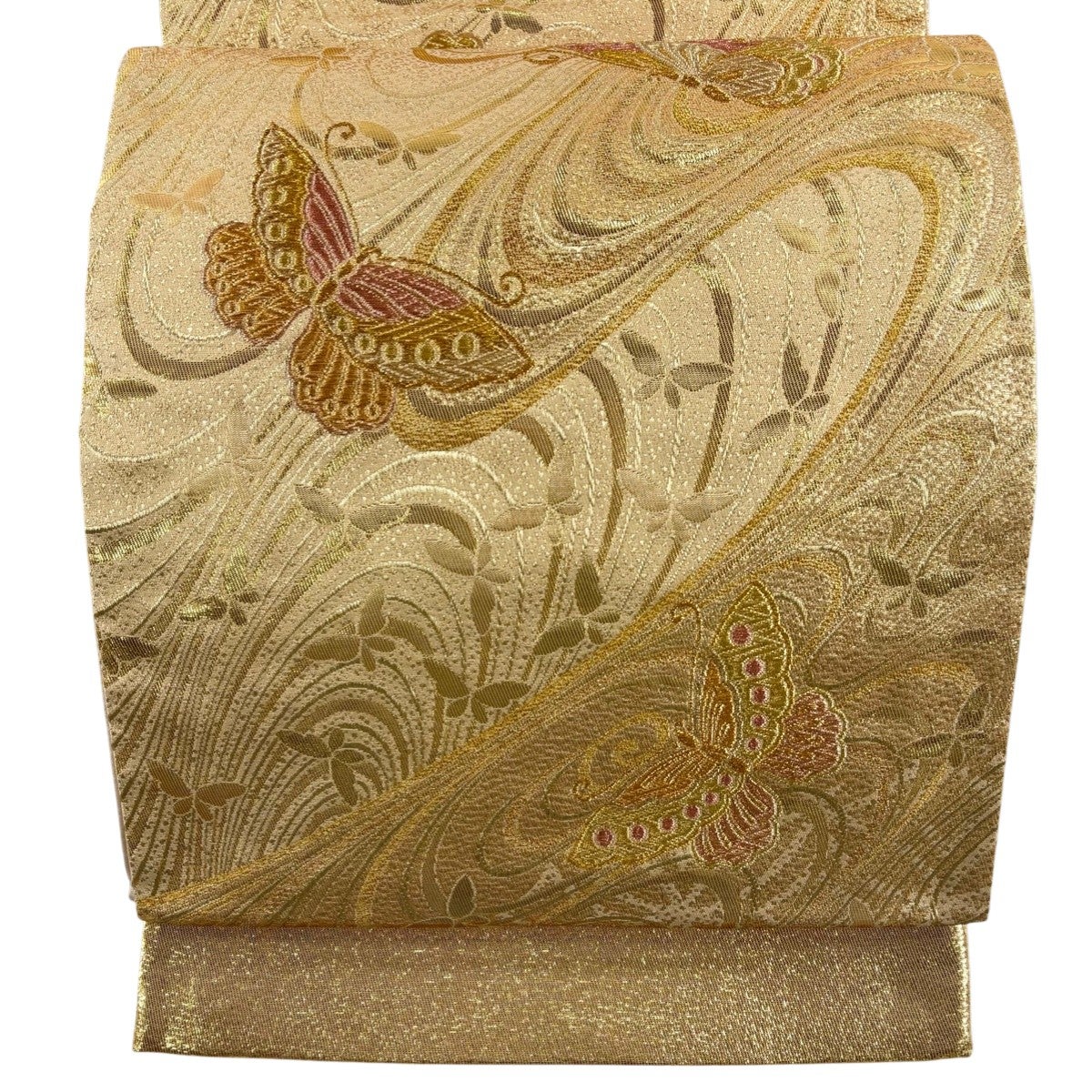 美品】 袋帯 秀品 花籠 蝶 金糸 刺繍 灰緑 六通 正絹｜中古・古着
