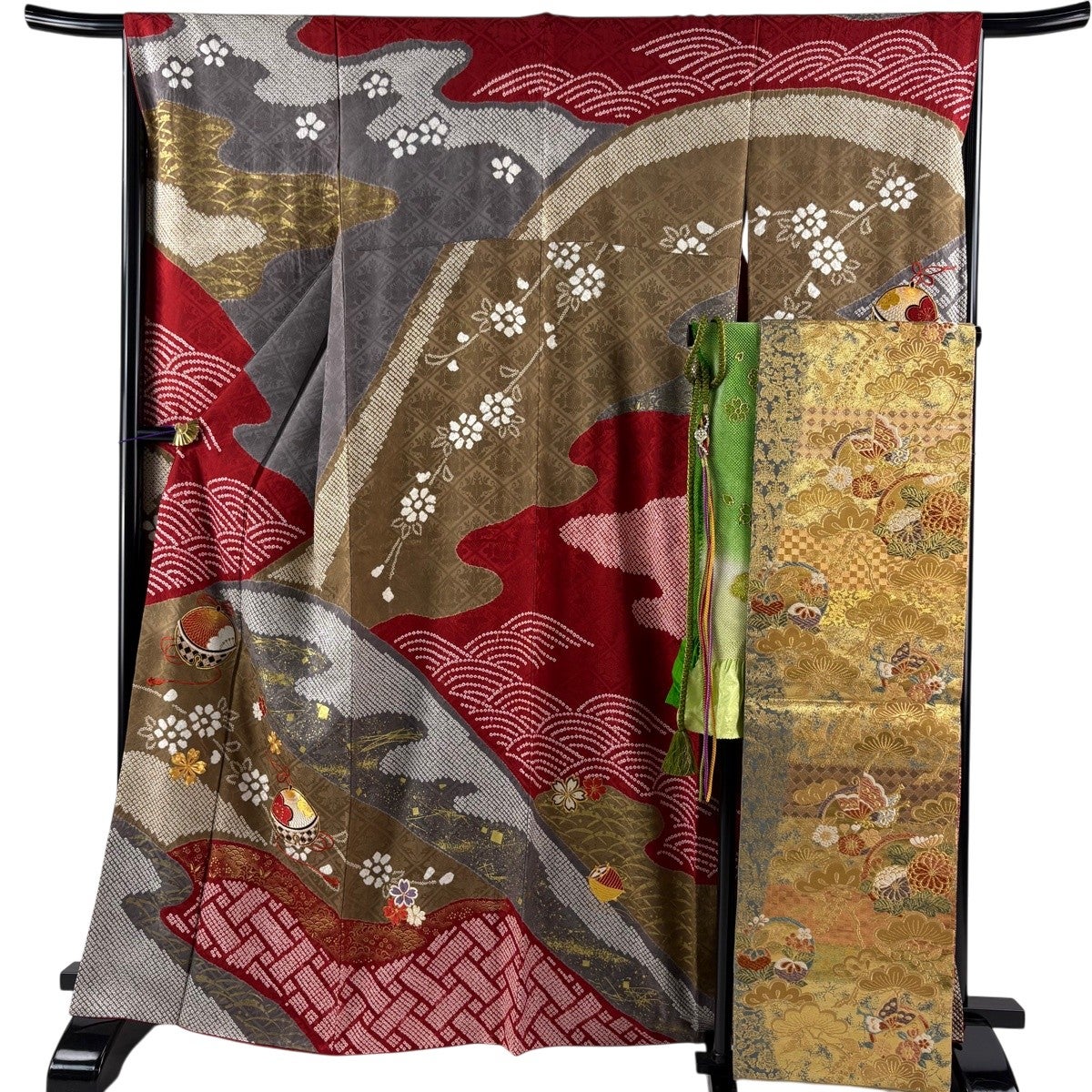 【最終値下げ】正絹 振袖 着物セット身丈162cm 裄67.4cm 美品】 振袖 身丈164cm 裄丈66.5cm M 袷 袋帯フルセット 鈴 桜 金糸