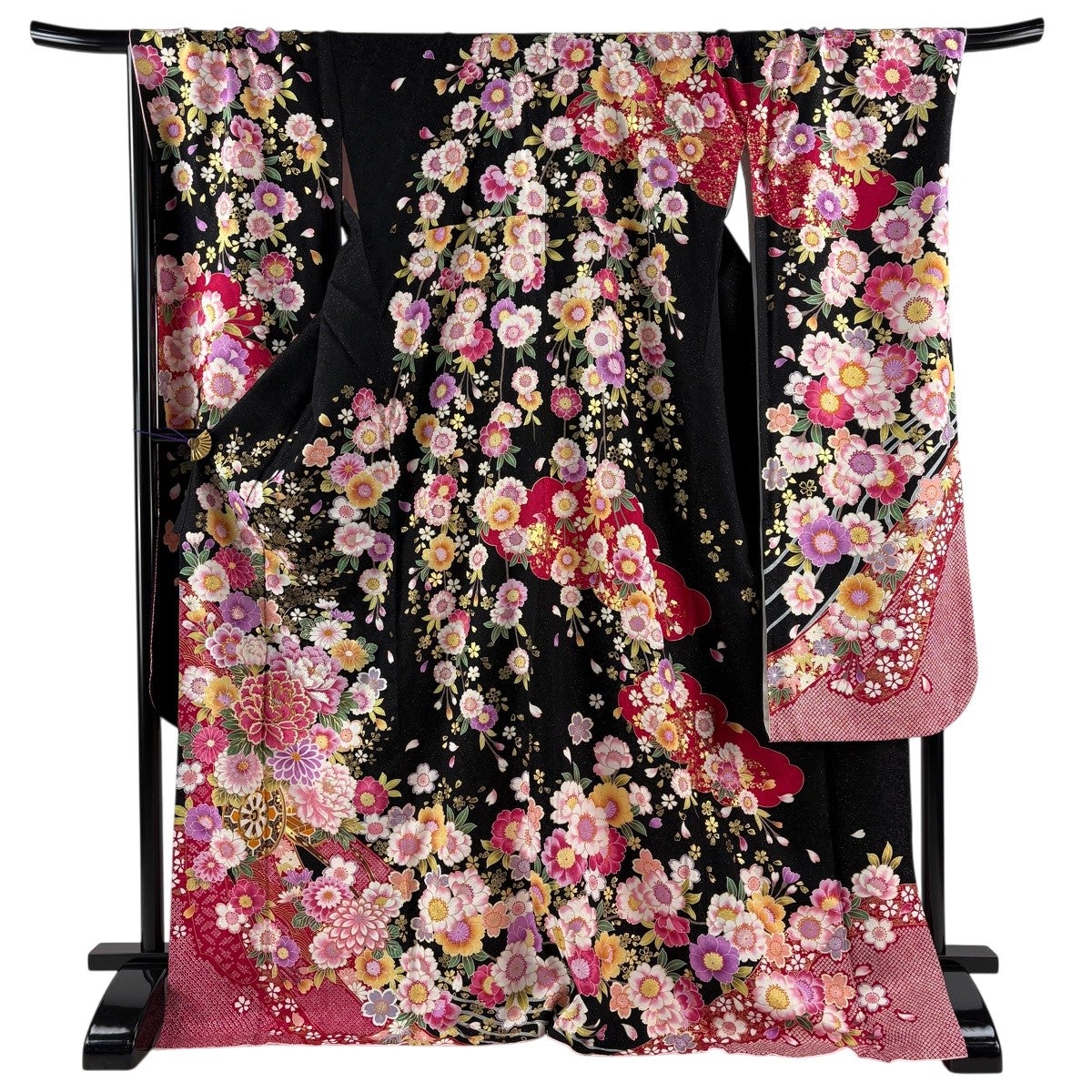 美品】 振袖 身丈173.5cm 裄丈72.5cm L 袷 花車 桜 箔 銀通し 黒 正絹