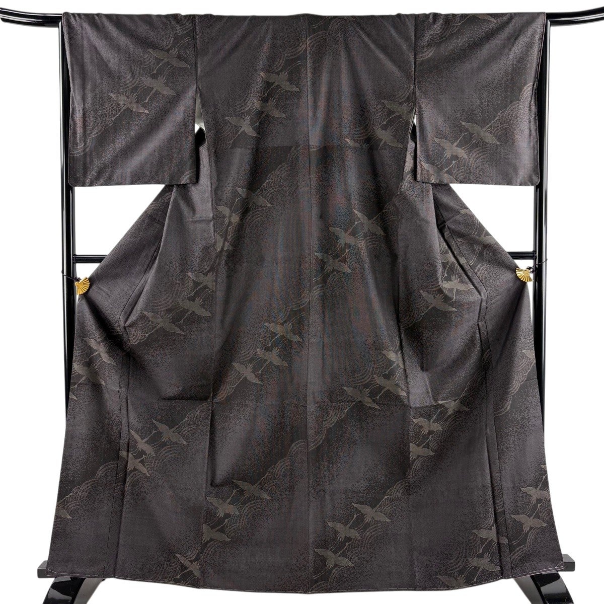 美品】 紬 身丈165cm 裄丈66cm M 袷 鶴 流水 茶紫 正絹 名品｜中古