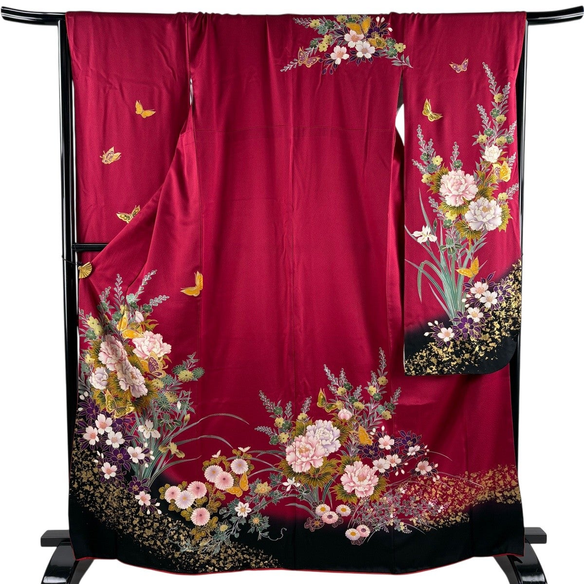 美品】 振袖 身丈165cm 裄丈68.5cm L 袷 牡丹 蝶 金彩 染め分け えんじ