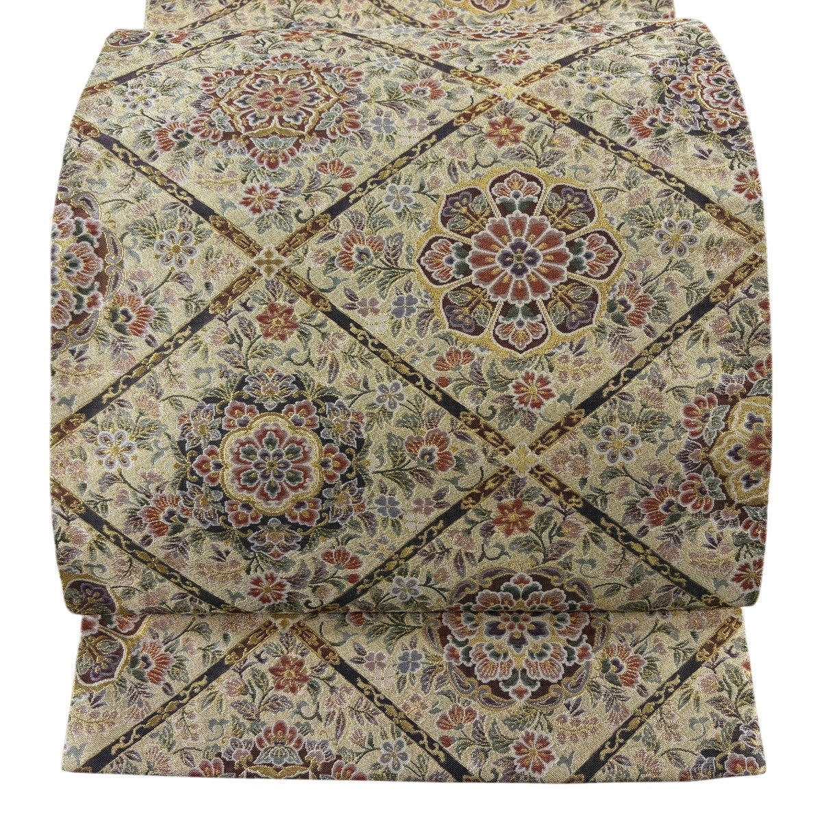美品】 袋帯 逸品 菱華文 金糸 箔 ベージュ 六通 正絹｜中古・古着