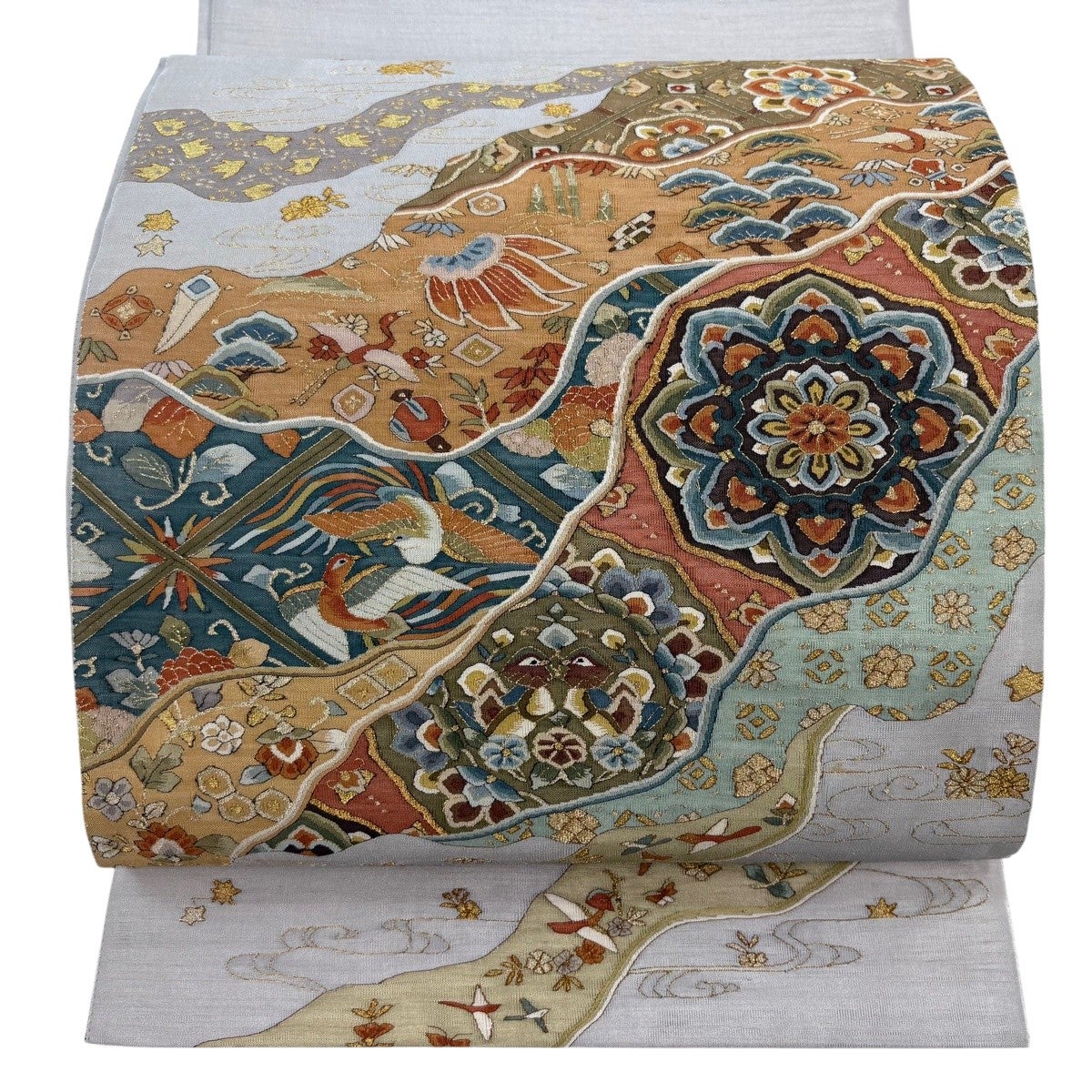 美品】 袋帯 逸品 華文 鳥 金糸 灰色 お太鼓柄 正絹｜中古・古着