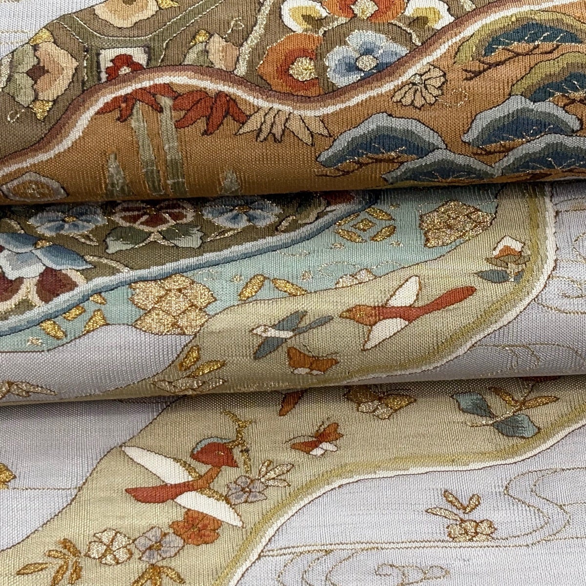 美品】 袋帯 逸品 華文 鳥 金糸 灰色 お太鼓柄 正絹｜中古・古着