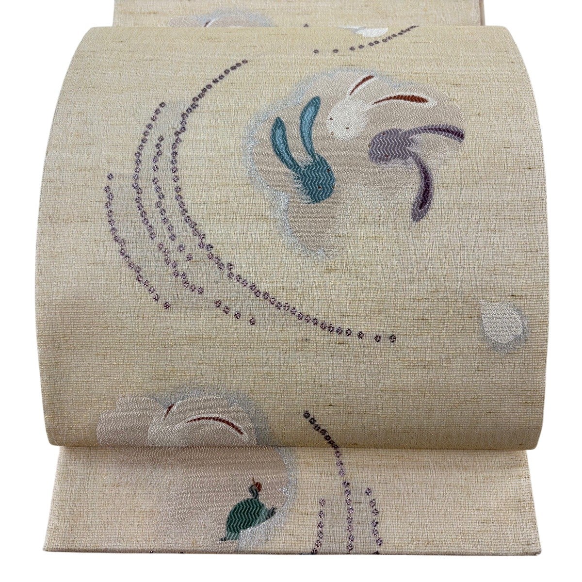【未使用品】袋帯　紫陽花　六通　金糸キラキラ　光沢感 袋帯 逸品 やまと うさぎ 花びら 金糸 箔 ベージュ 六通 正絹｜中古