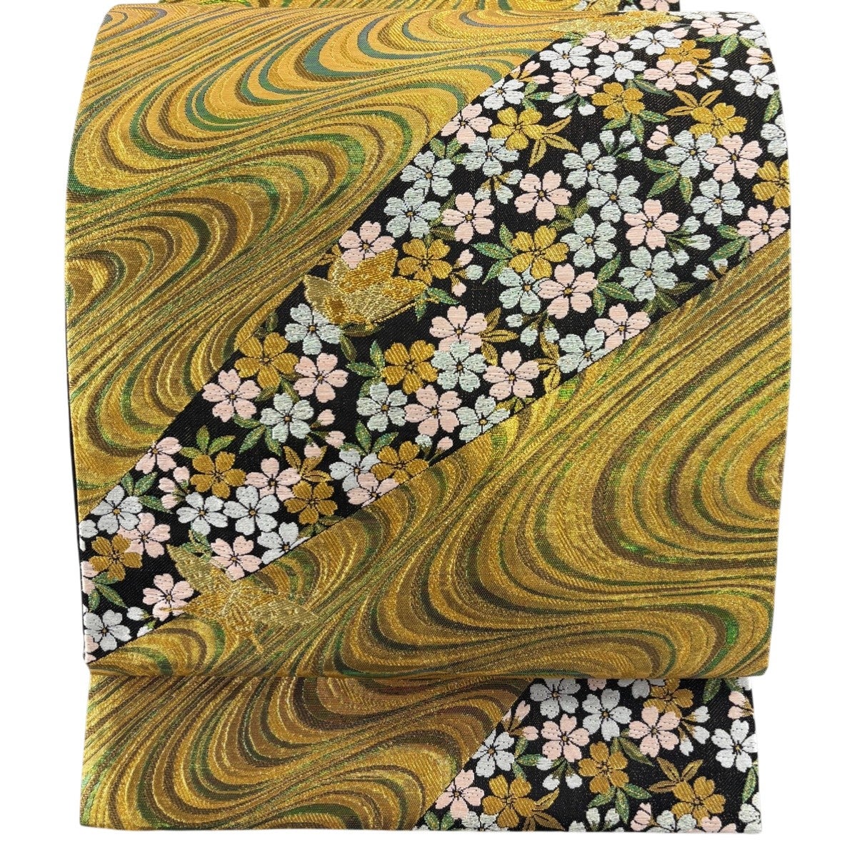 美品】 袋帯 秀品 振袖向き 華文 桜 金糸 箔 黒 六通 正絹｜中古・古着