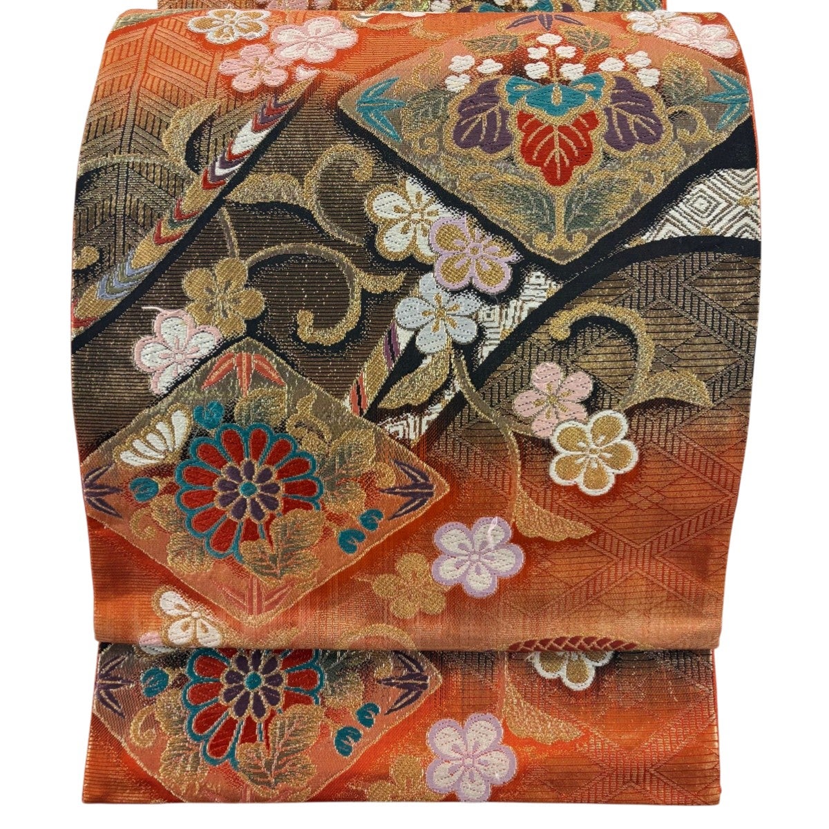 袋帯 秀品 七宝桐鉄線文 七宝 草花 唐織 箔 茶色 六通 正絹｜中古