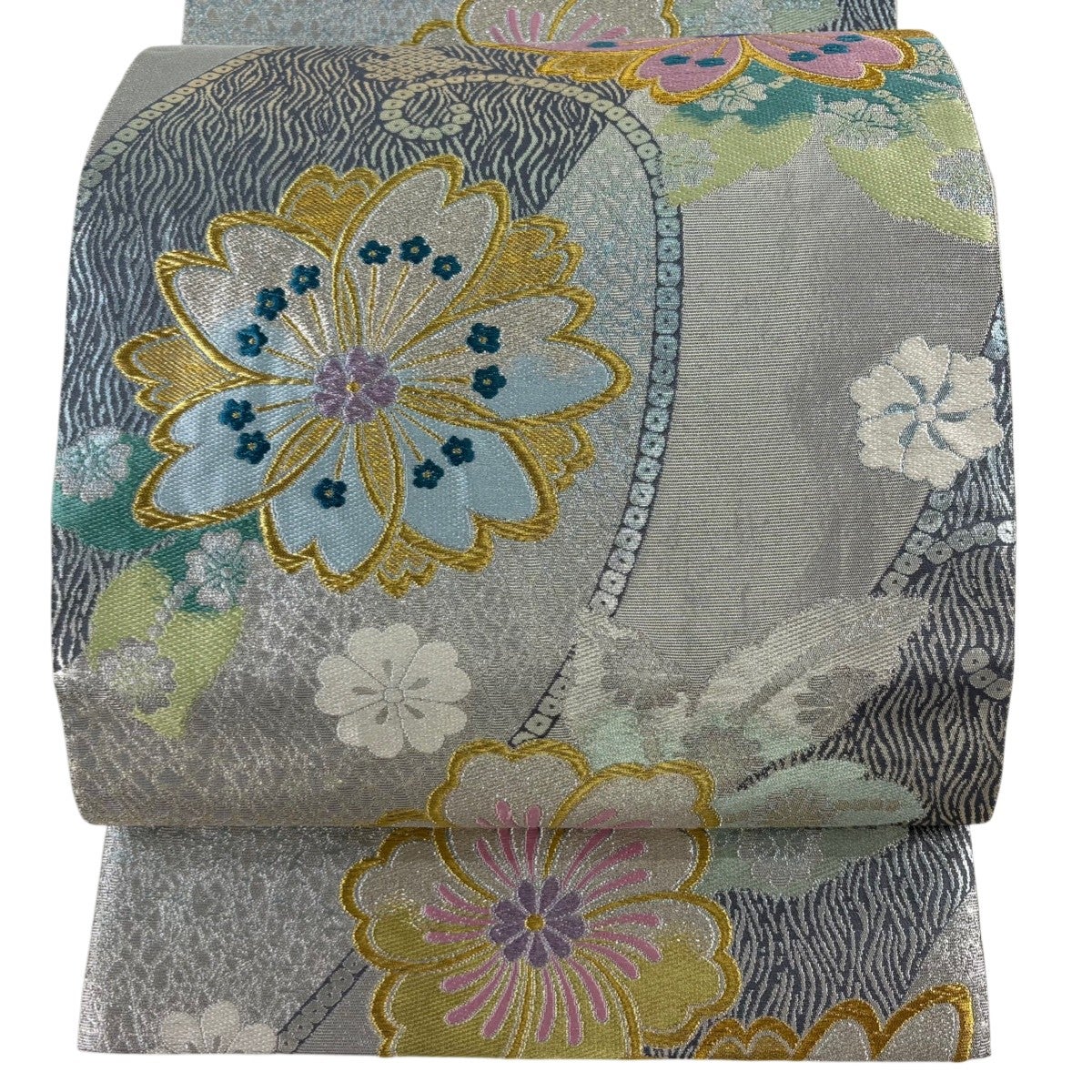 袋帯 秀品 振袖向き 華文 桜 金銀糸 唐織 銀色 六通 正絹｜中古・古着