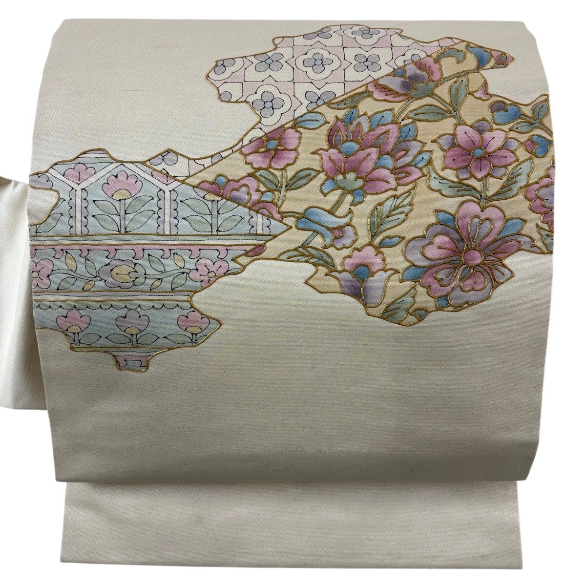名古屋帯 優品 草花 幾何学模様 金彩 箔 クリーム 正絹｜中古・古着