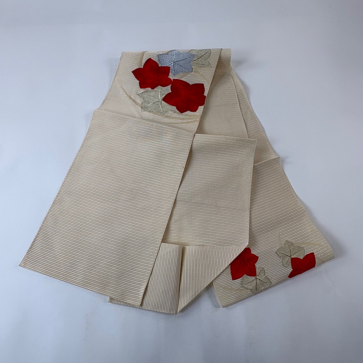 美品】 名古屋帯 優品 夏帯 絽 八寸名古屋帯 松葉仕立て 紅葉 金糸