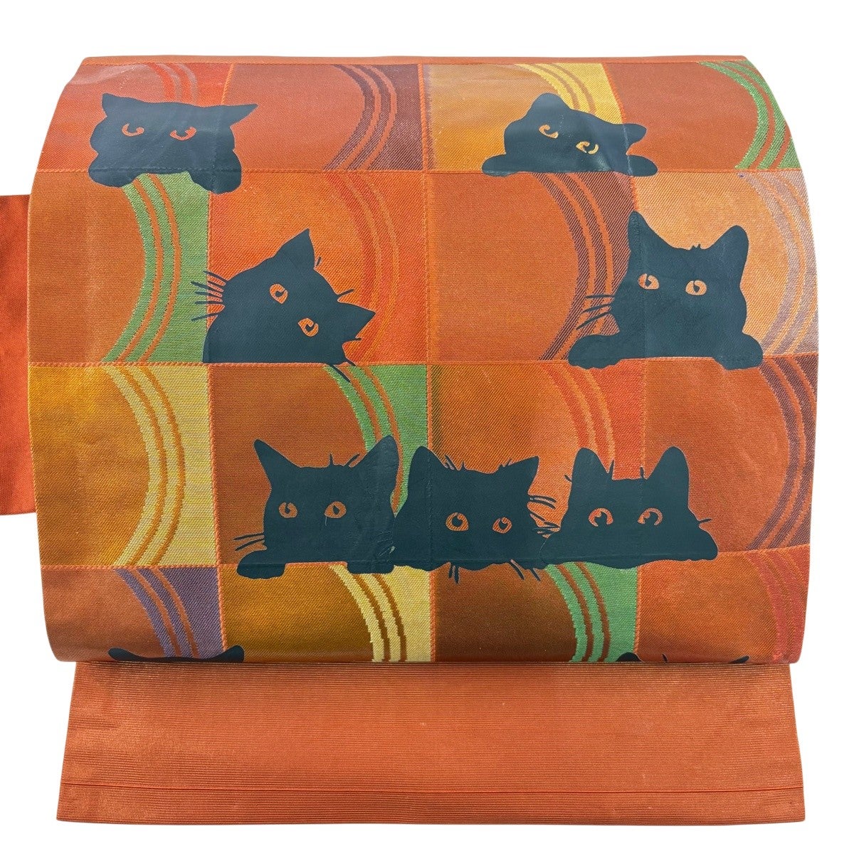 美品】 名古屋帯 名品 関西仕立て 猫 市松 箔 赤茶 正絹｜中古・古着