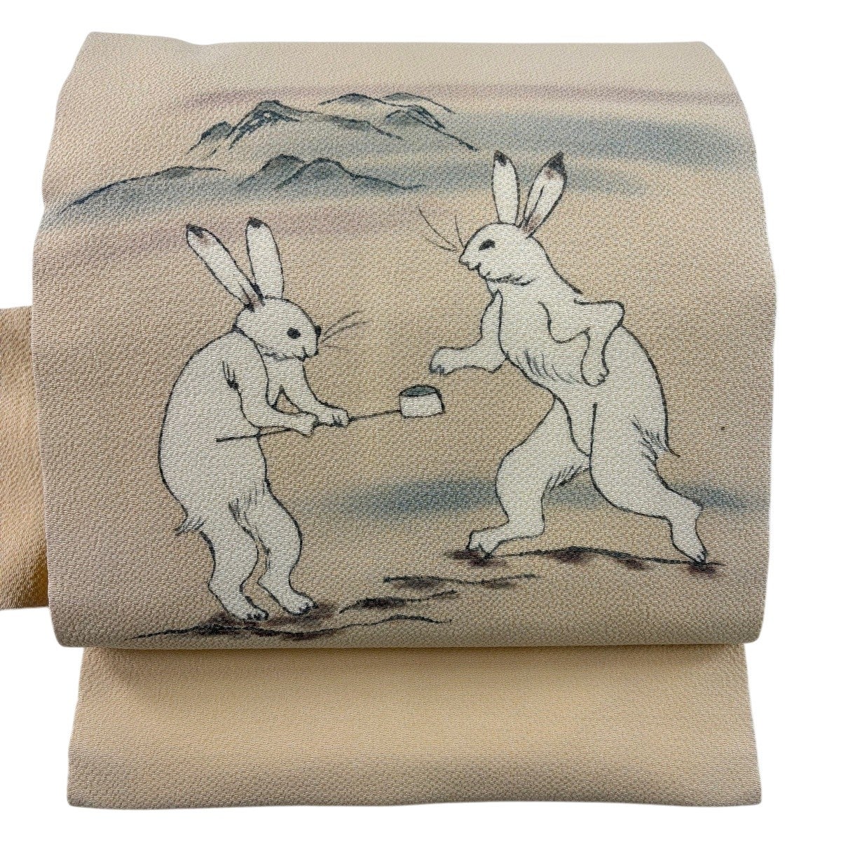 美品】 名古屋帯 秀品 紬地 幾何学 霞 金銀彩 ピンクベージュ 正絹