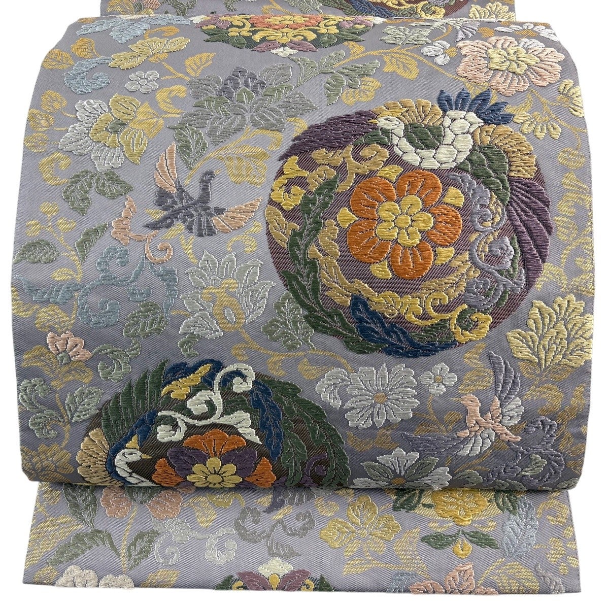 在庫一掃】 袋帯 美品 名品 縞 花鳥 箔 金銀糸 金色 六通 正絹｜中古