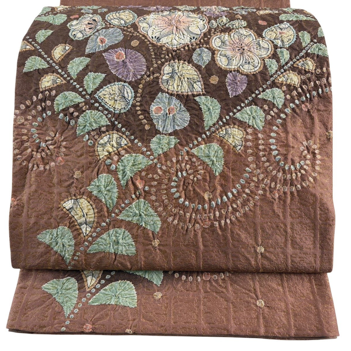 美品】 袋帯 名品 花唐草 菱 金糸 ぼかし 薄小豆 お太鼓柄 正絹｜中古
