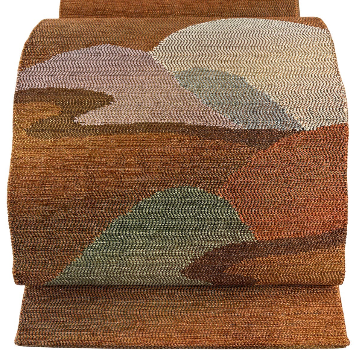 美品】 袋帯 名品 証紙あり 山並み ヱ霞 箔 茶色 お太鼓柄 正絹｜中古
