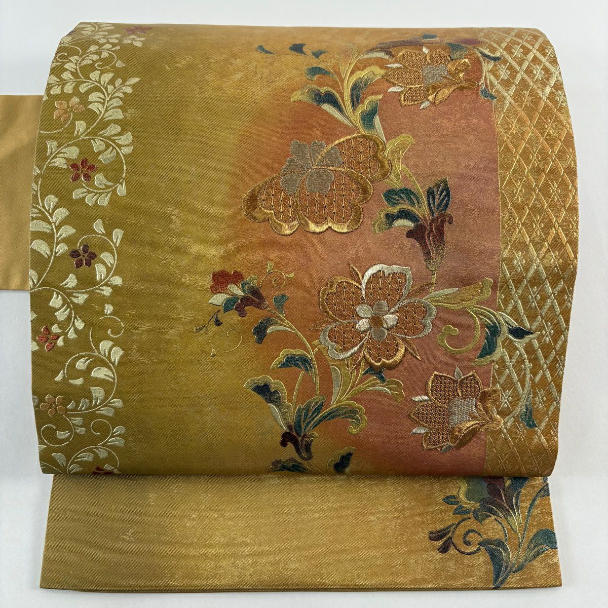 美品】 名古屋帯 優品 関西仕立て 花唐草 箔 青 正絹｜中古・古着