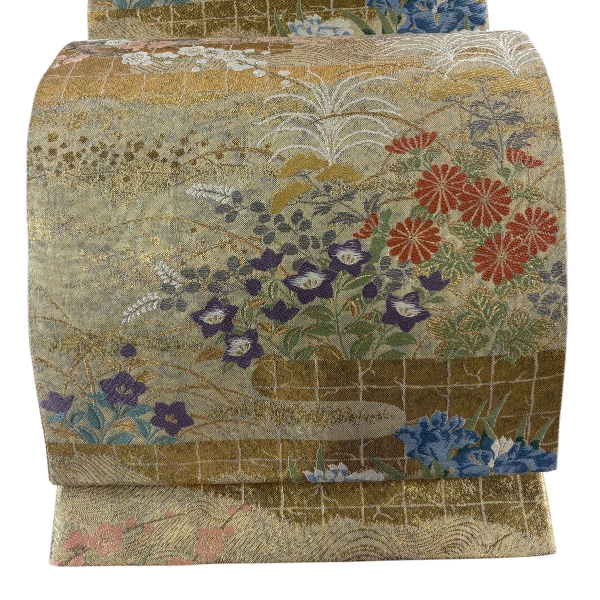 50%OFF 袋帯 秀品 梅 笹 金糸 刺繍 金色 六通 正絹 K50｜中古・古着
