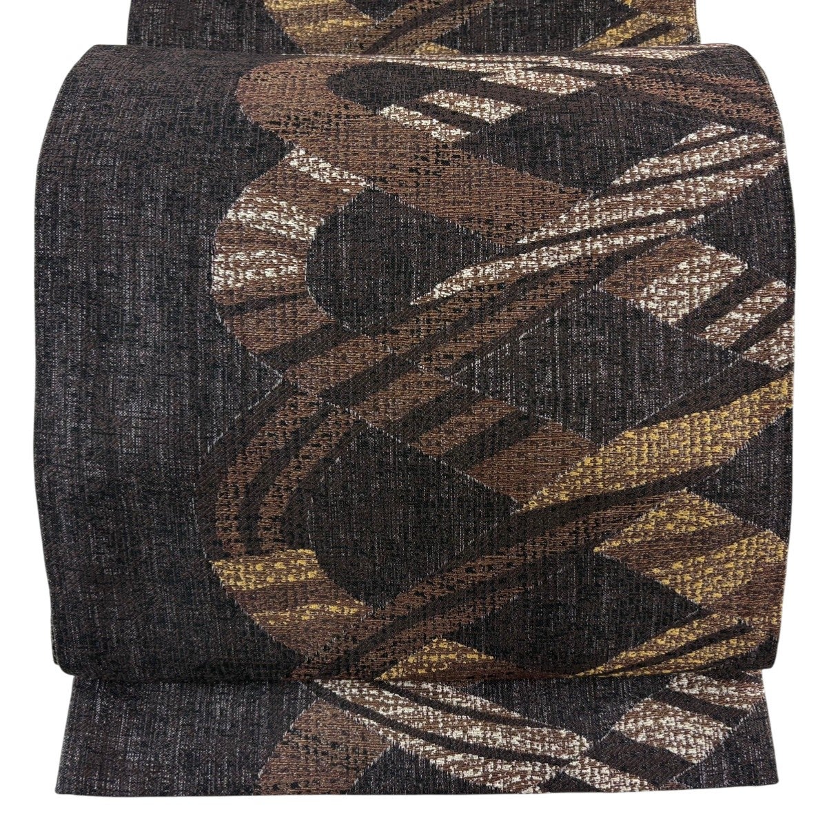 美品】 名古屋帯 秀品 八寸名古屋帯 トンネル仕立て 幾何学模様 茶紫
