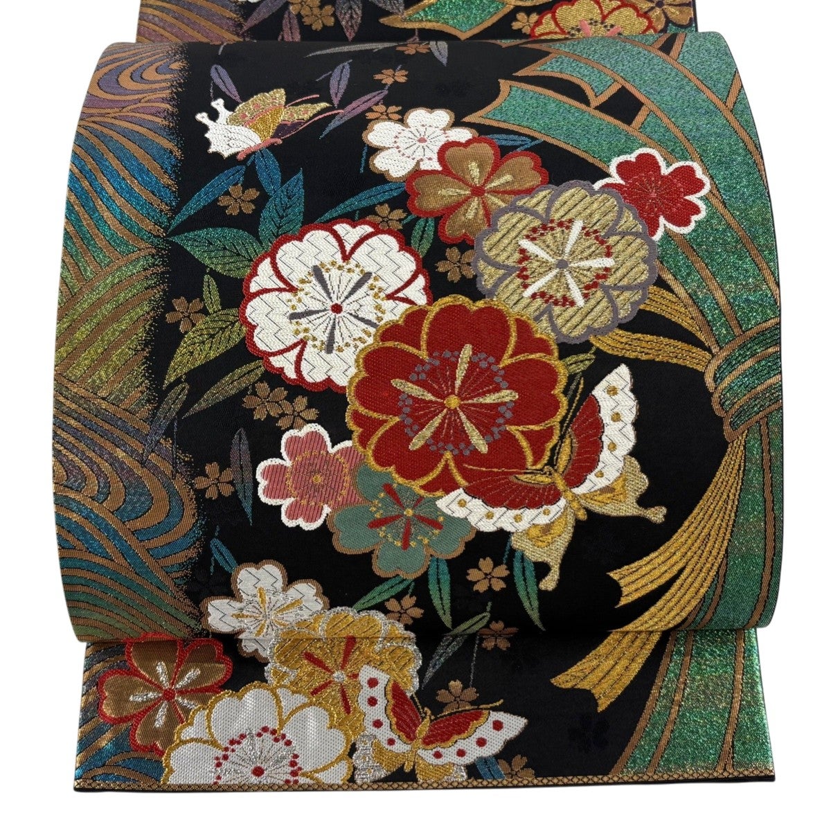 美品】 袋帯 秀品 蝶 桜 刺繍 金糸 黒 六通 正絹｜中古・古着・