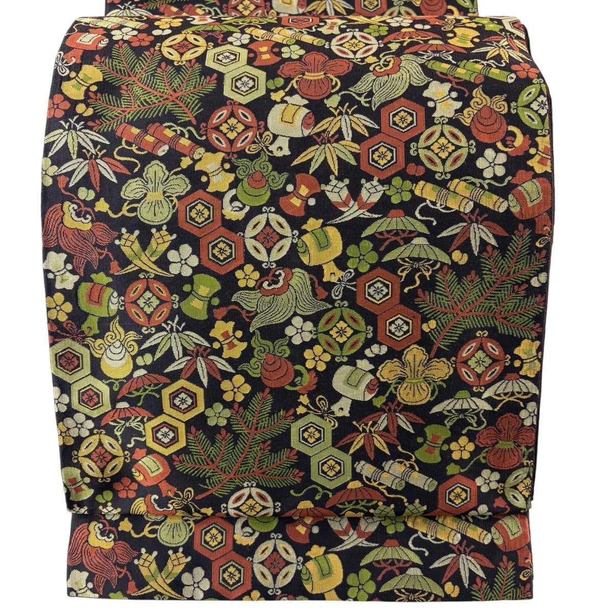 美品】 袋帯 名品 花菱 宝尽くし 箔 金銀糸 鶯色 六通 正絹｜中古