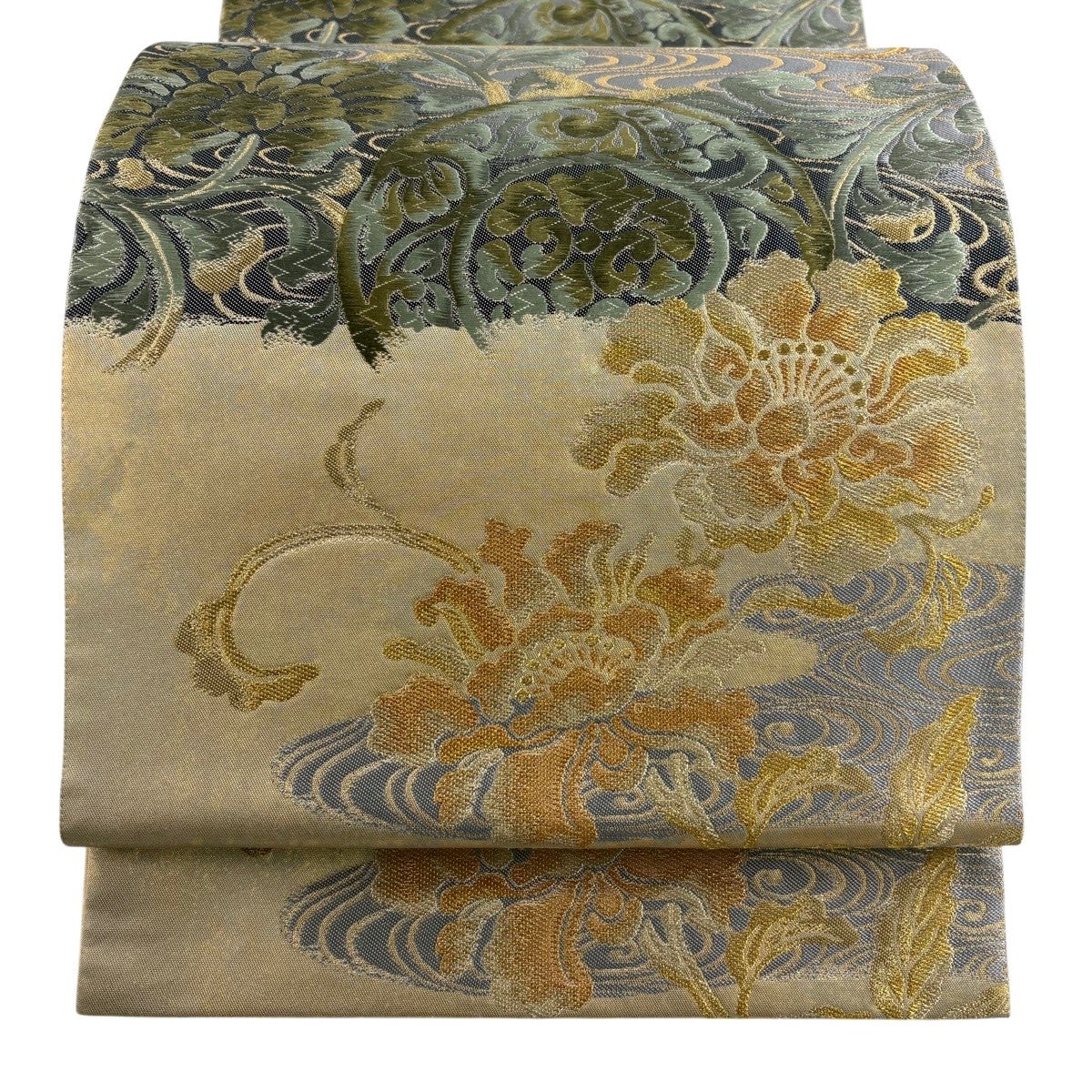 美品】 袋帯 秀品 証紙あり 若松菱 花菱 銀糸 箔 銀色 全通 正絹｜中古