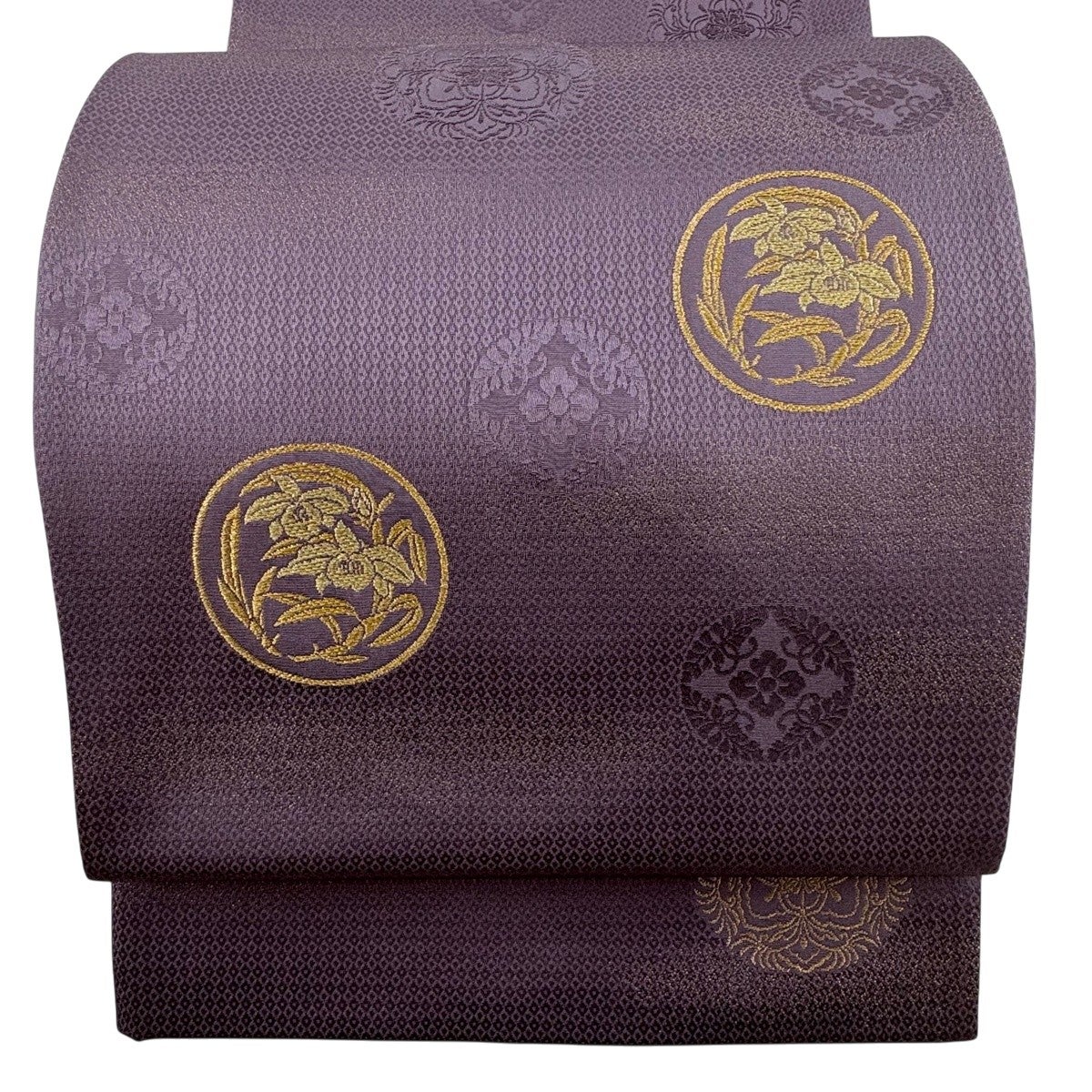 美品】 袋帯 秀品 夏帯 紗 花丸文 秋草 金糸 箔 灰茶 六通 正絹｜中古