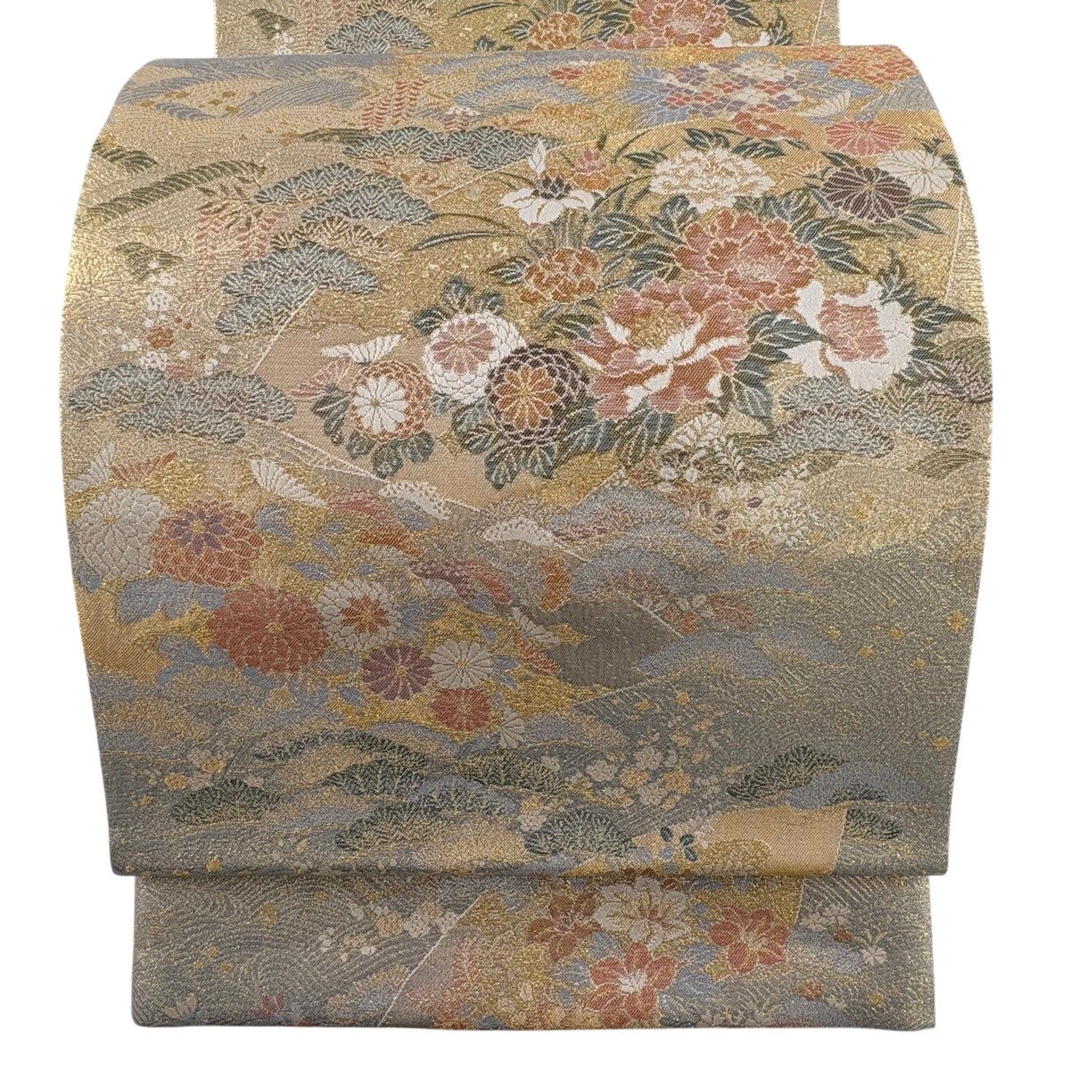 美品】 袋帯 秀品 扇面 草花 金糸 箔 金色 六通 正絹｜中古・古着