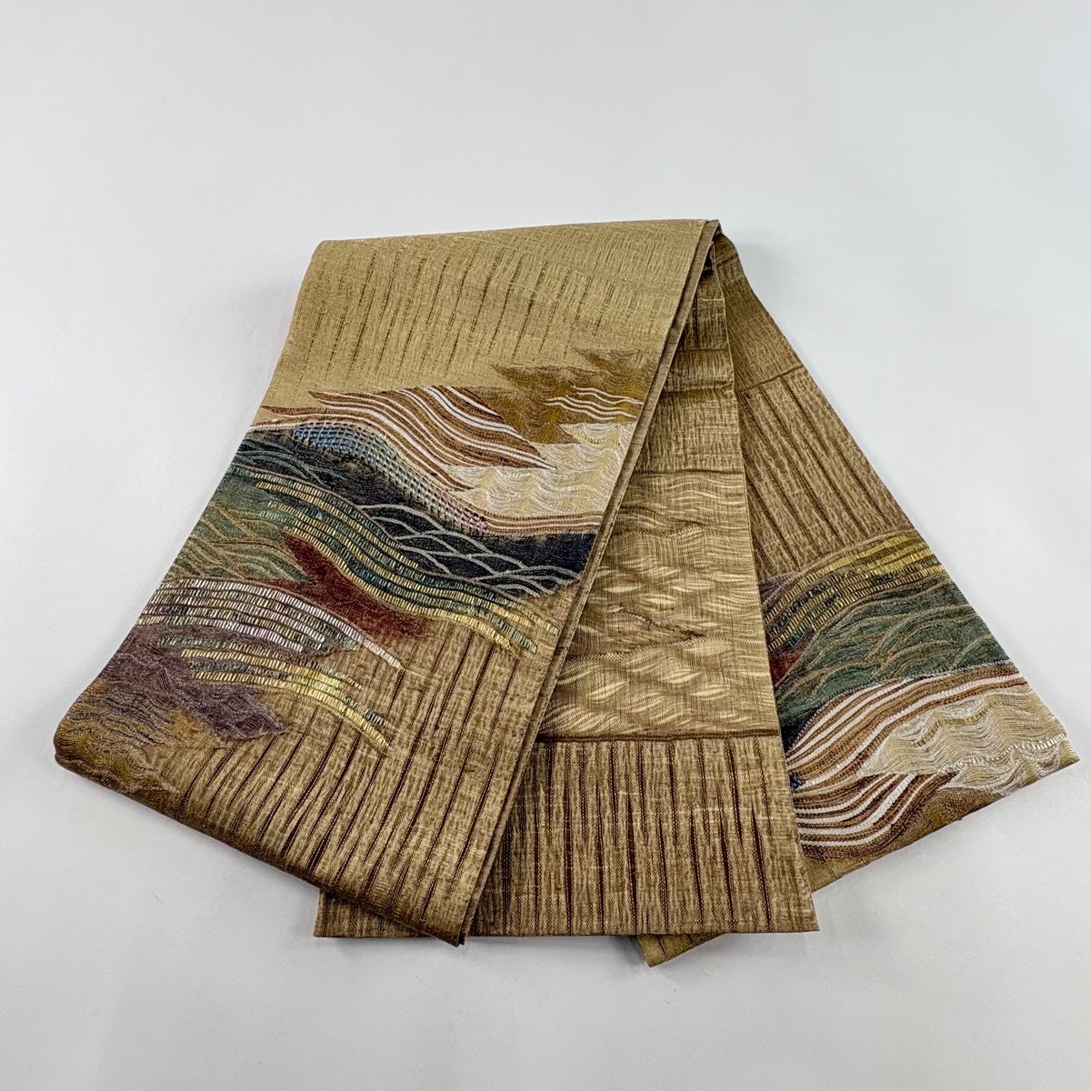 30%OFF 【美品】 袋帯 秀品 波 金銀糸 箔 薄茶色 お太鼓柄 正絹 K30