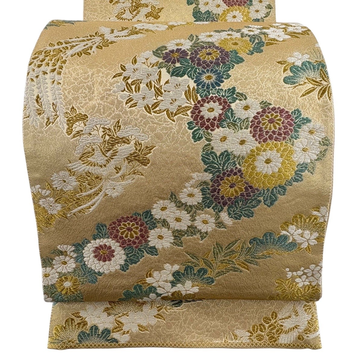 美品】 袋帯 名品 草花 鳥 箔 金糸 金色 お太鼓柄 正絹｜中古・古着