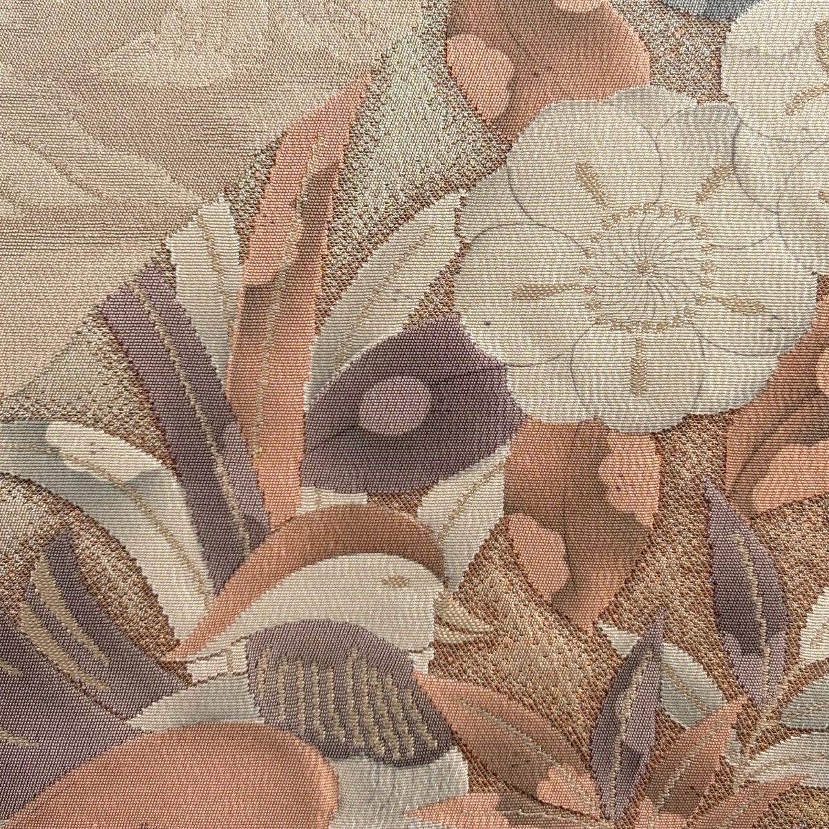 袋帯 秀品 草花 鴛鴦 金糸 箔 ベージュ お太鼓柄 正絹｜中古・古着
