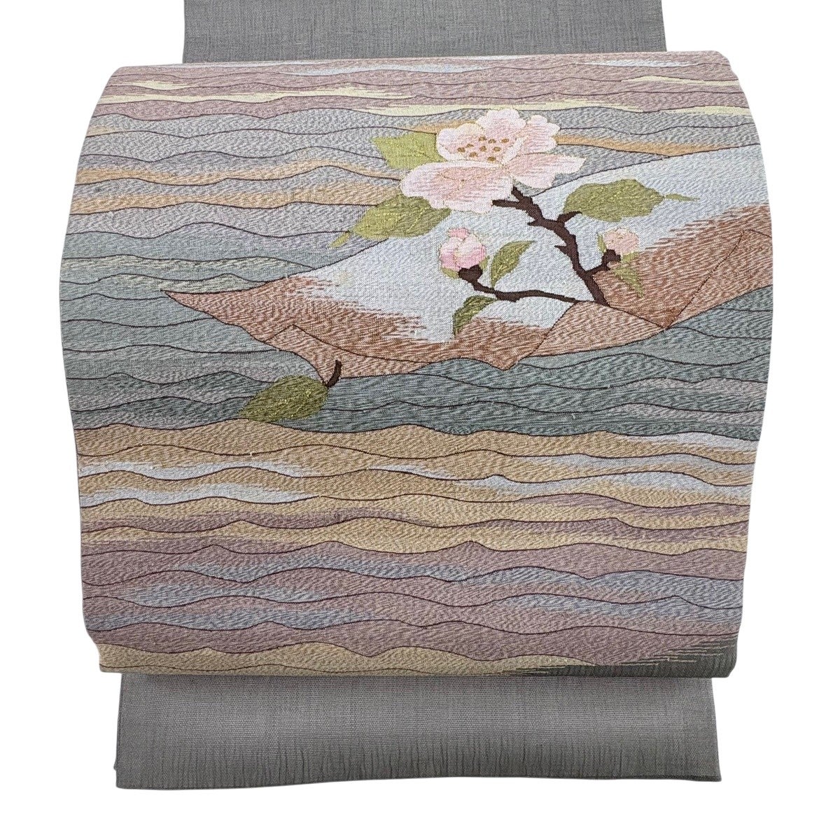 袋帯 秀品 夏帯 草花 波 金糸 灰色 お太鼓柄 正絹｜中古・古着